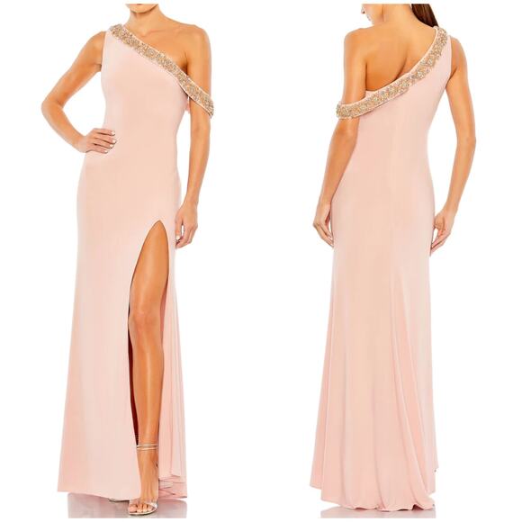 Mac Duggal NWT Beaded Drop Shoulder Jersey Gown Rose Pink Size 10 Rhinestone - Picture 1 of 10
